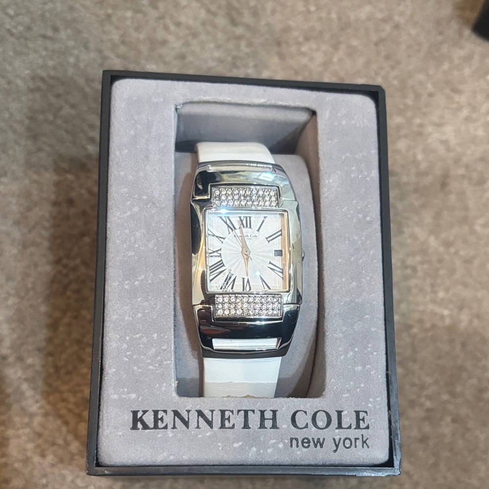 Kenneth Cole Silver-Tone Watch with White Strap